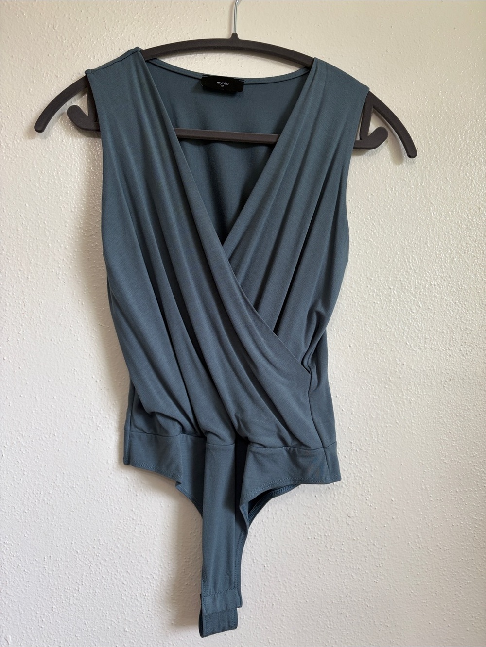 Sleeveless Blue Draped Surplice Bodysuit Small